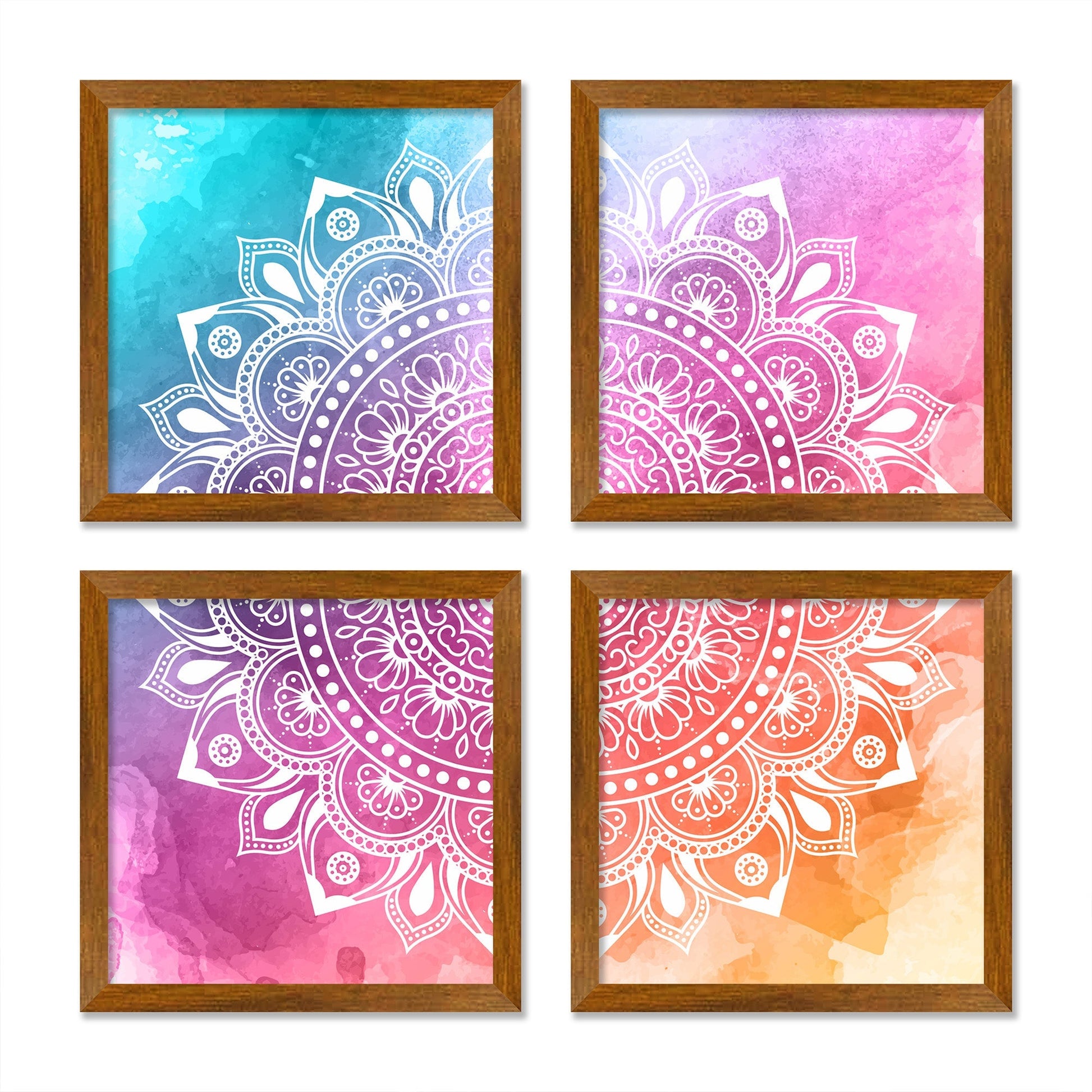 Colourful Mandala Floral Art Wooden Wall Frame Set of Four