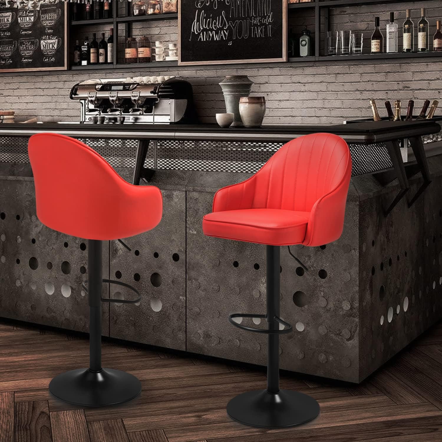 Comfortable Height Adjustable Red Lounge Bar Stools with Black Metal Base