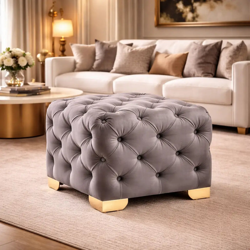 comfy-square-shape-grey-color-velvet-ottoman-with-golden