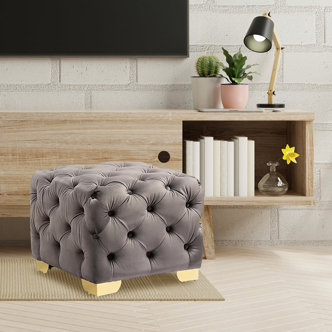 Comfy Square Shape Grey Color Velvet Ottoman with Golden Metal Finish