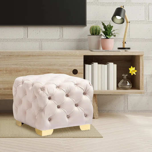 Comfy Square Shape Pink Velvet Ottoman with Golden Metal Finish