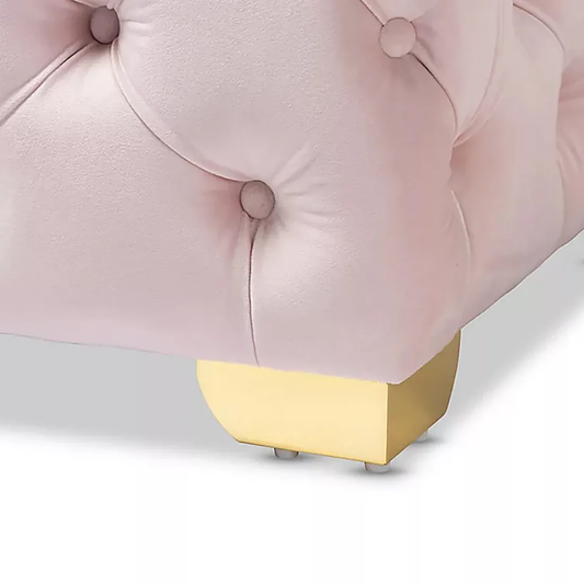 Comfy Square Shape Pink Velvet Ottoman with Golden Metal Finish