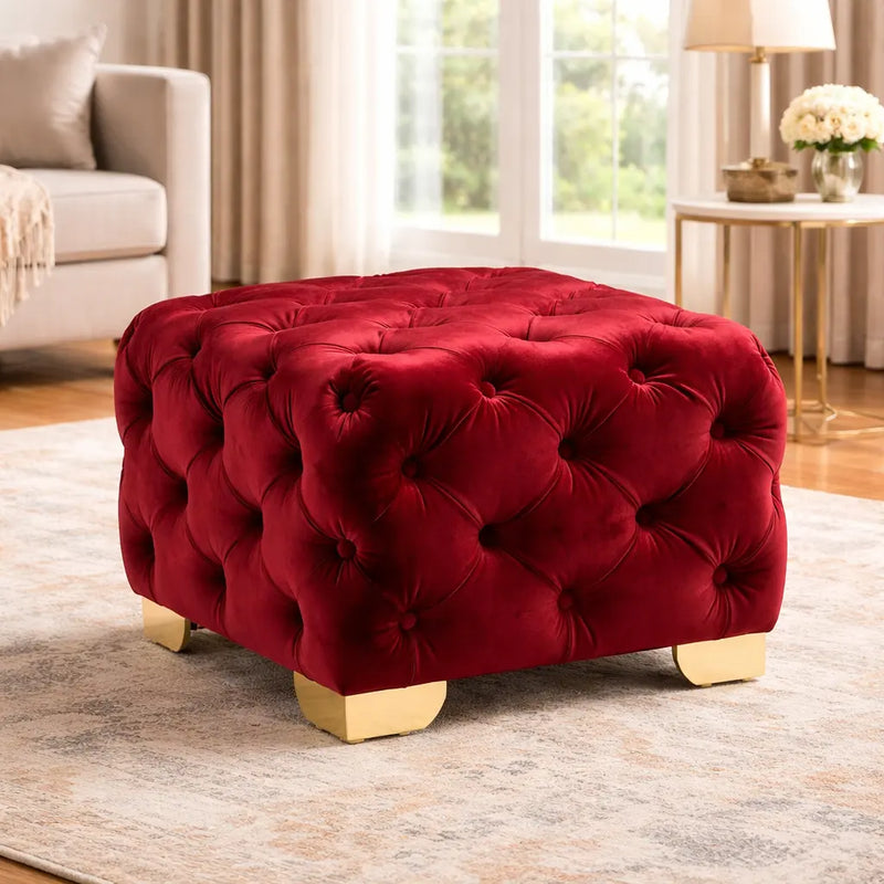 comfy-square-shape-royal-red-velvet-ottoman-with-golden