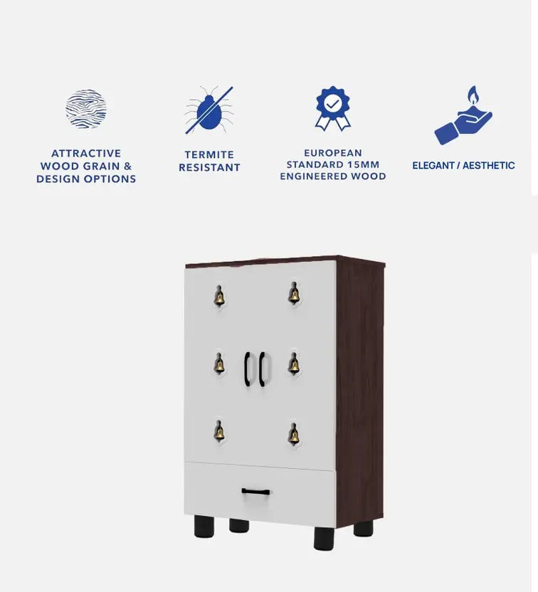 Compact Wooden Floor Temple with Bell Design Door & Spacious Storage Drawer for Home