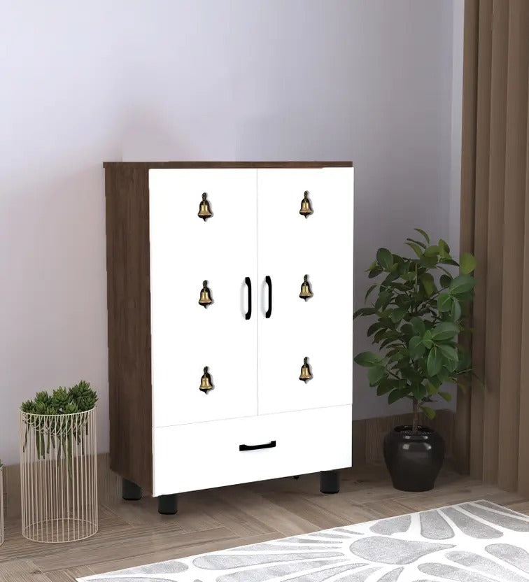 Compact Wooden Floor Temple with Bell Design Door & Spacious Storage Drawer for Home