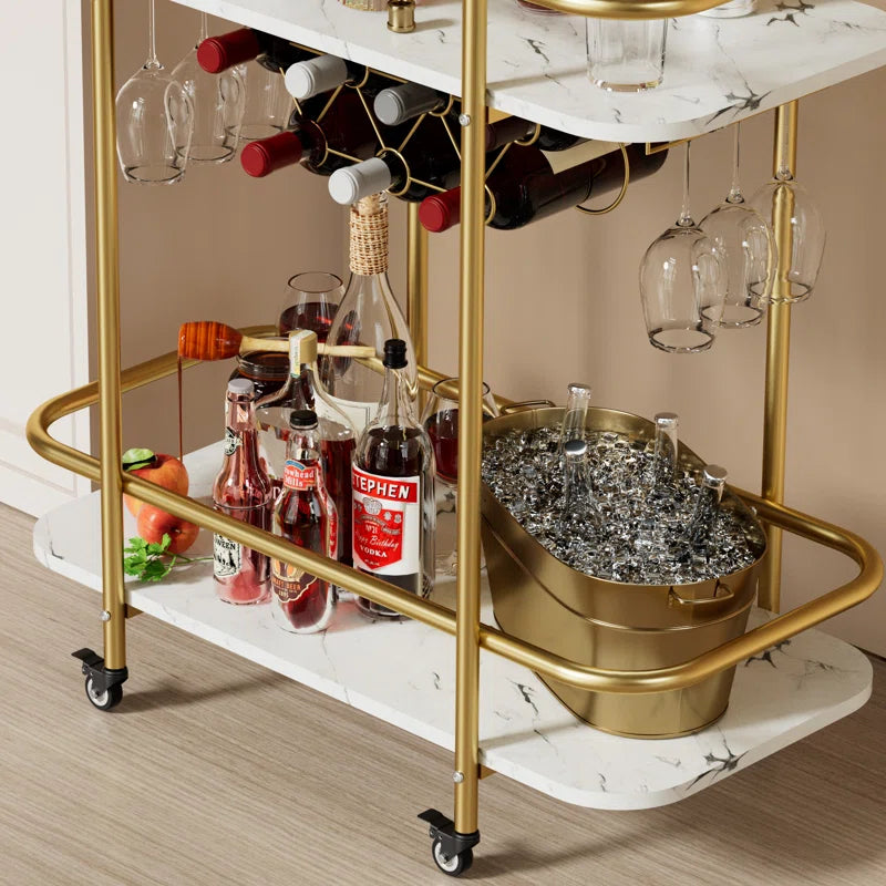 Contemporary Bar Cart Trolley with Golden Frame & Dual Shelves