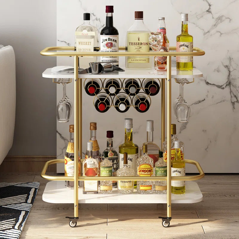 Contemporary Bar Cart Trolley with Golden Frame & Dual Shelves