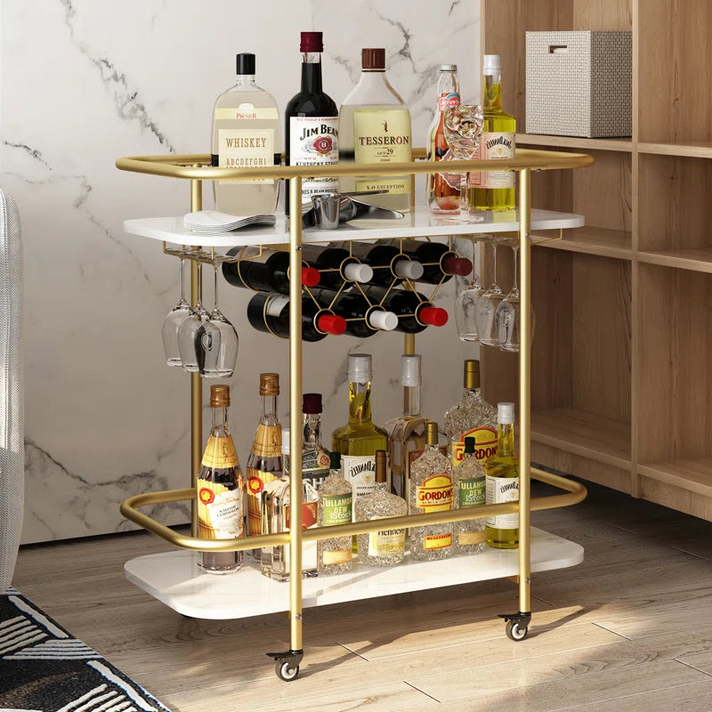 Contemporary Bar Cart Trolley with Golden Frame & Dual Shelves
