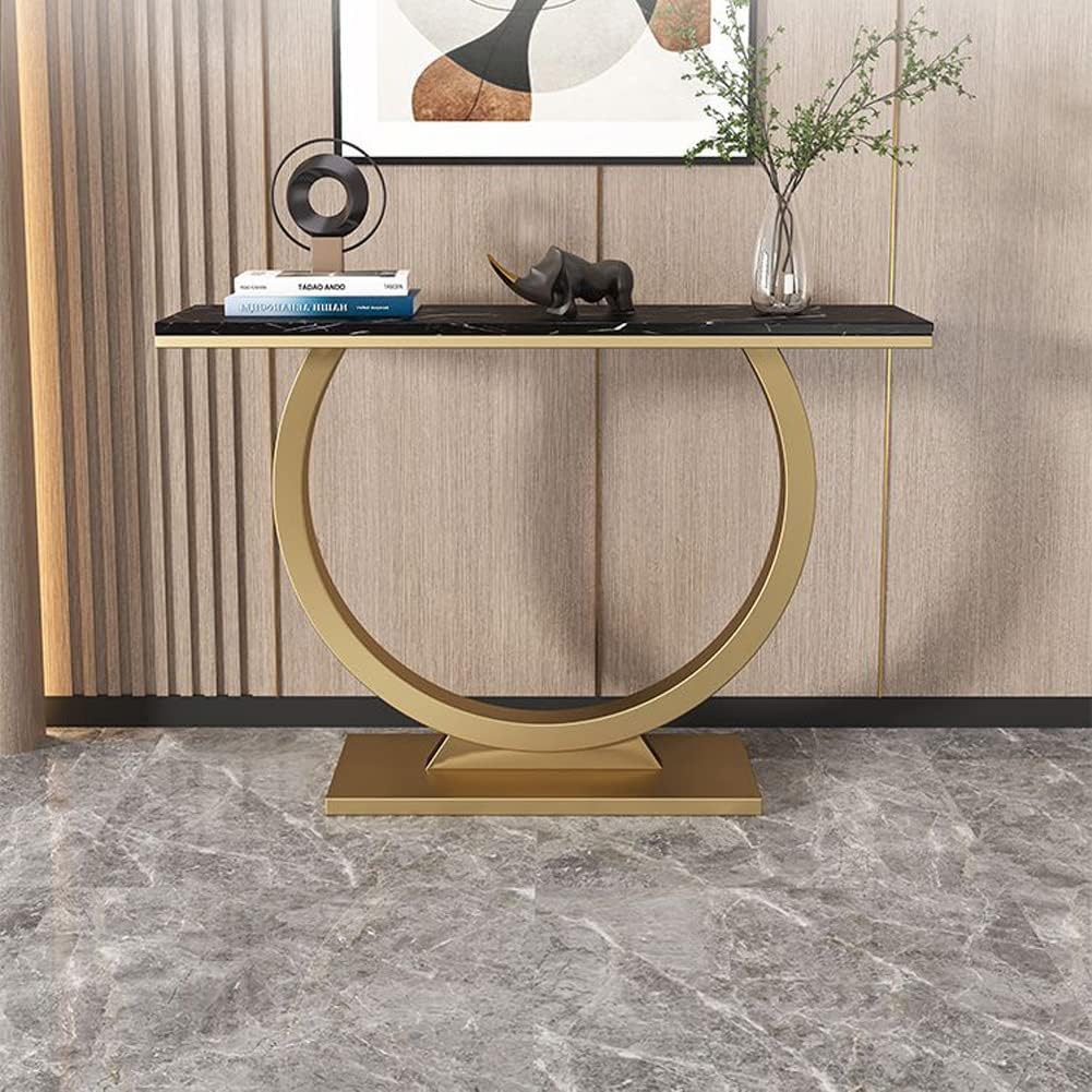 Contemporary Black Marble Console Table with Artistic Gold Circle Support