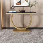 Contemporary Black Marble Console Table with Artistic Gold Circle Support