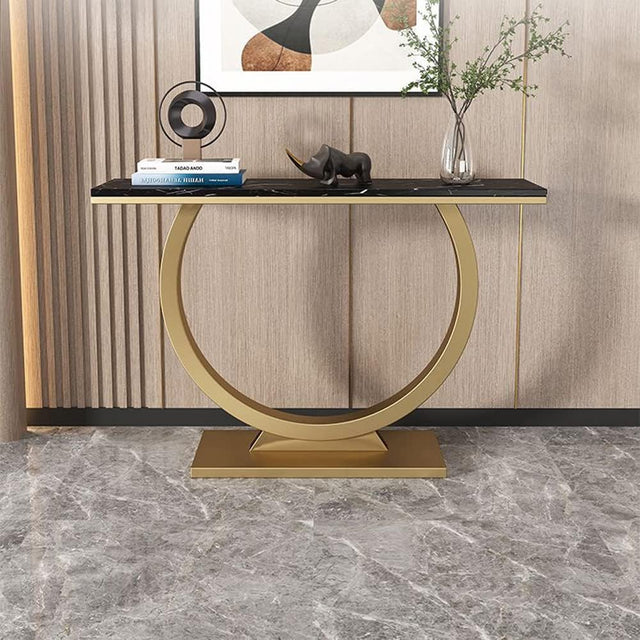 Contemporary Black Marble Console Table with Artistic Gold Circle Support