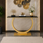 Contemporary Black Marble Console Table with Artistic Gold Circle Support