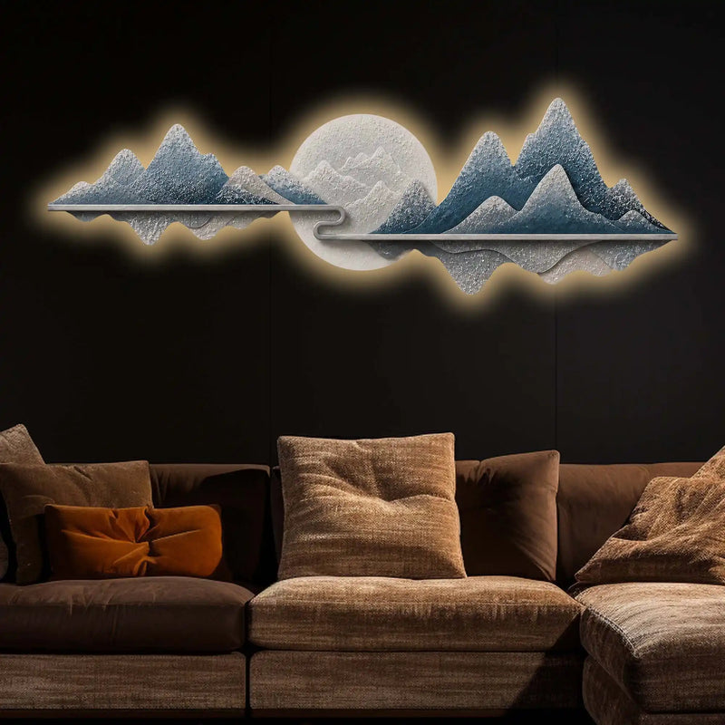 Contemporary Blue Mountain Vista Premium Crystal Glass Backlit LED Painting