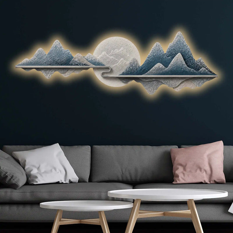 Contemporary Blue Mountain Vista Premium Crystal Glass Backlit LED Wall Art