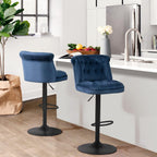 Contemporary Blue Velvet Bar Stools with Matte Black Base