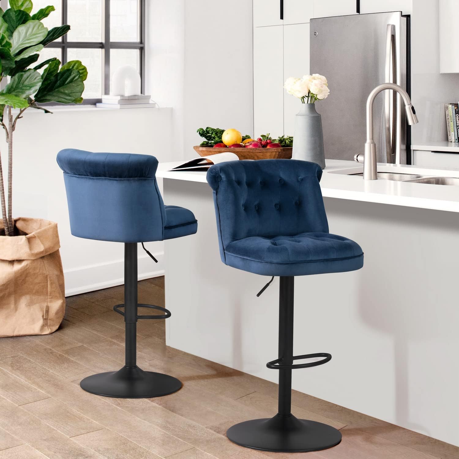 Contemporary Blue Velvet Bar Stools with Matte Black Base