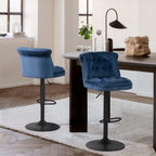 Contemporary Blue Velvet Bar Stools with Matte Black Base