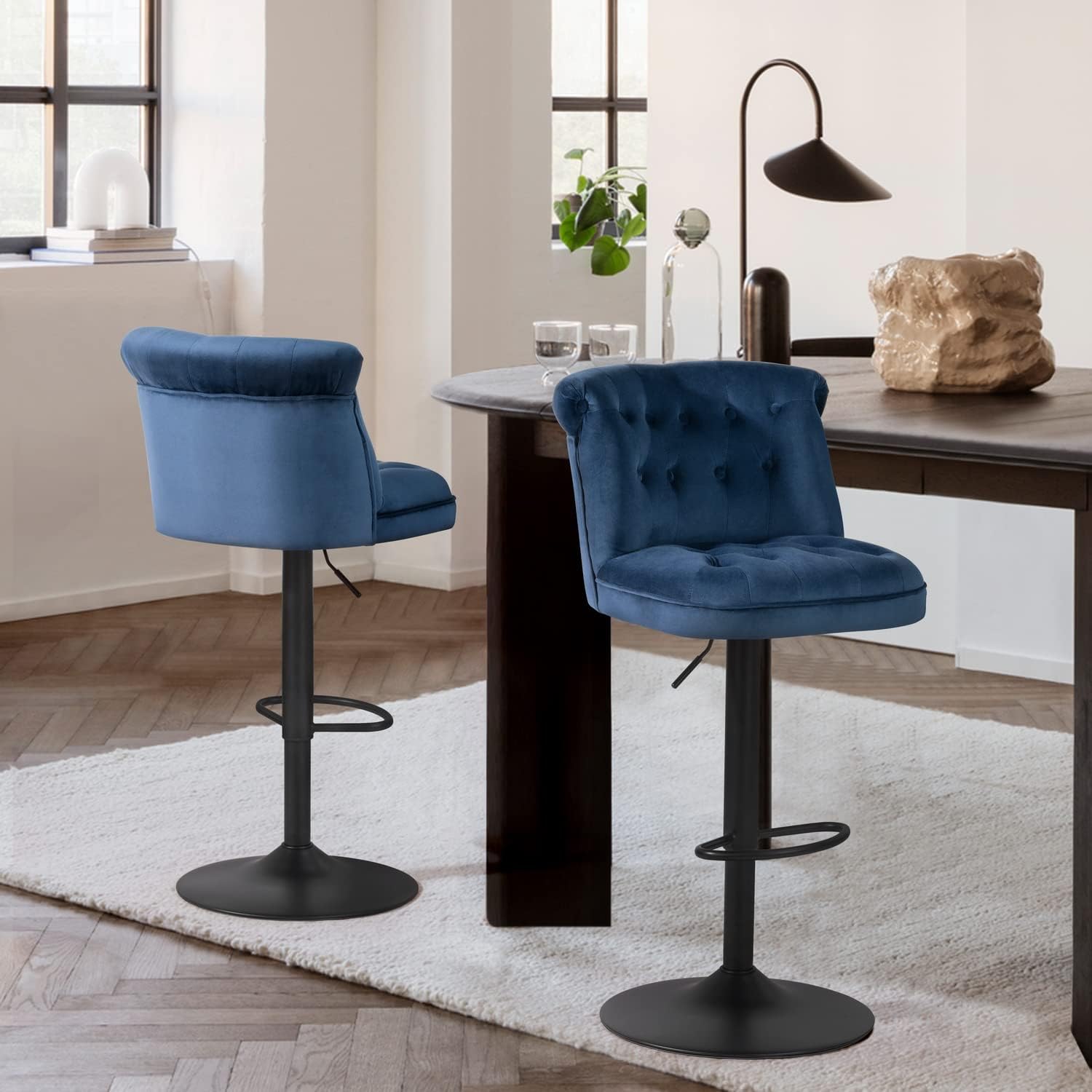 Contemporary Blue Velvet Bar Stools with Matte Black Base