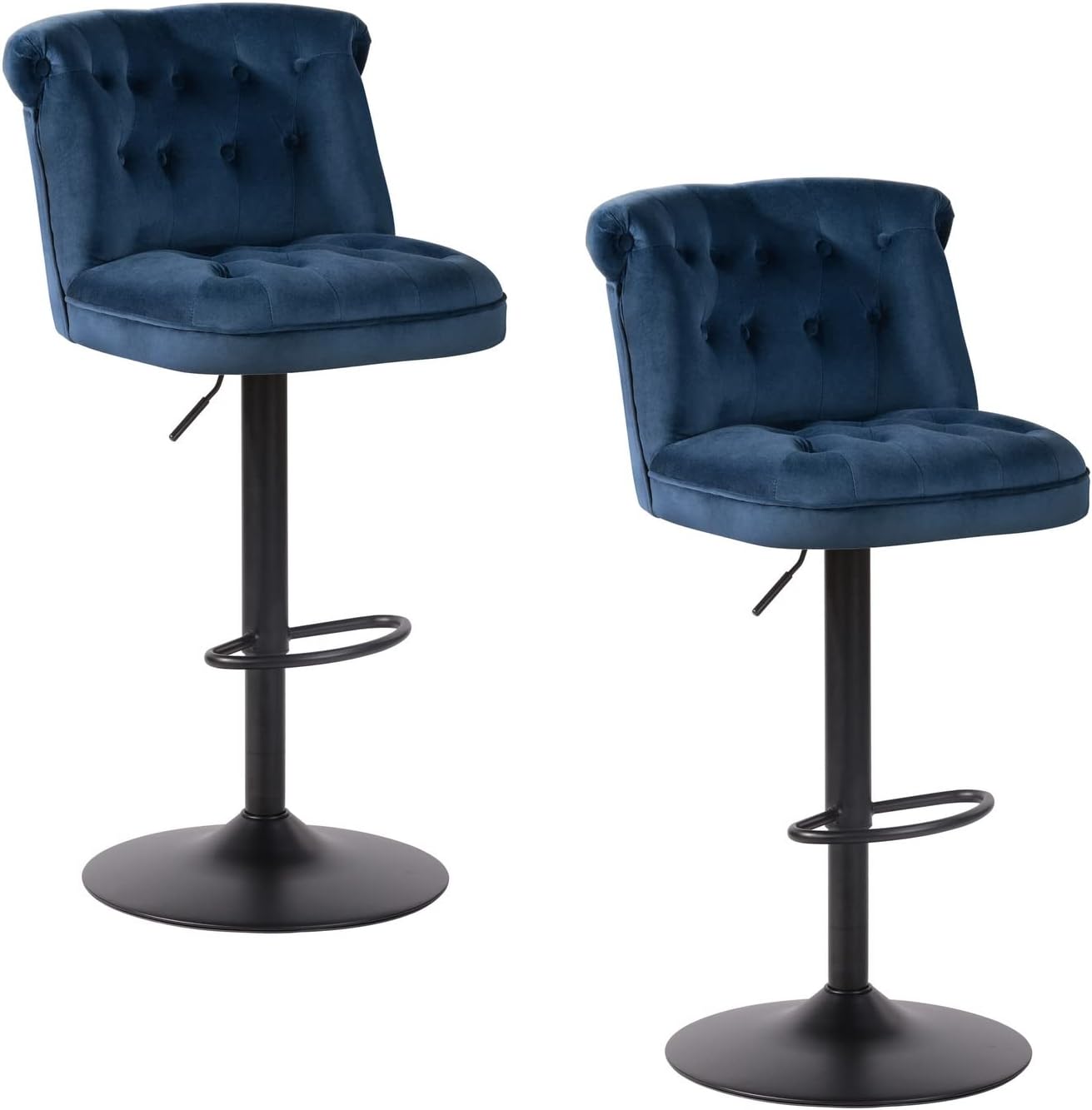 Contemporary Blue Velvet Bar Stools with Matte Black Base