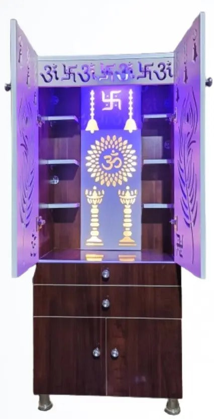 Contemporary Brown Wooden Temple for Home & Office with LED Swastik OM Panel Drawer & Cabinet Storage