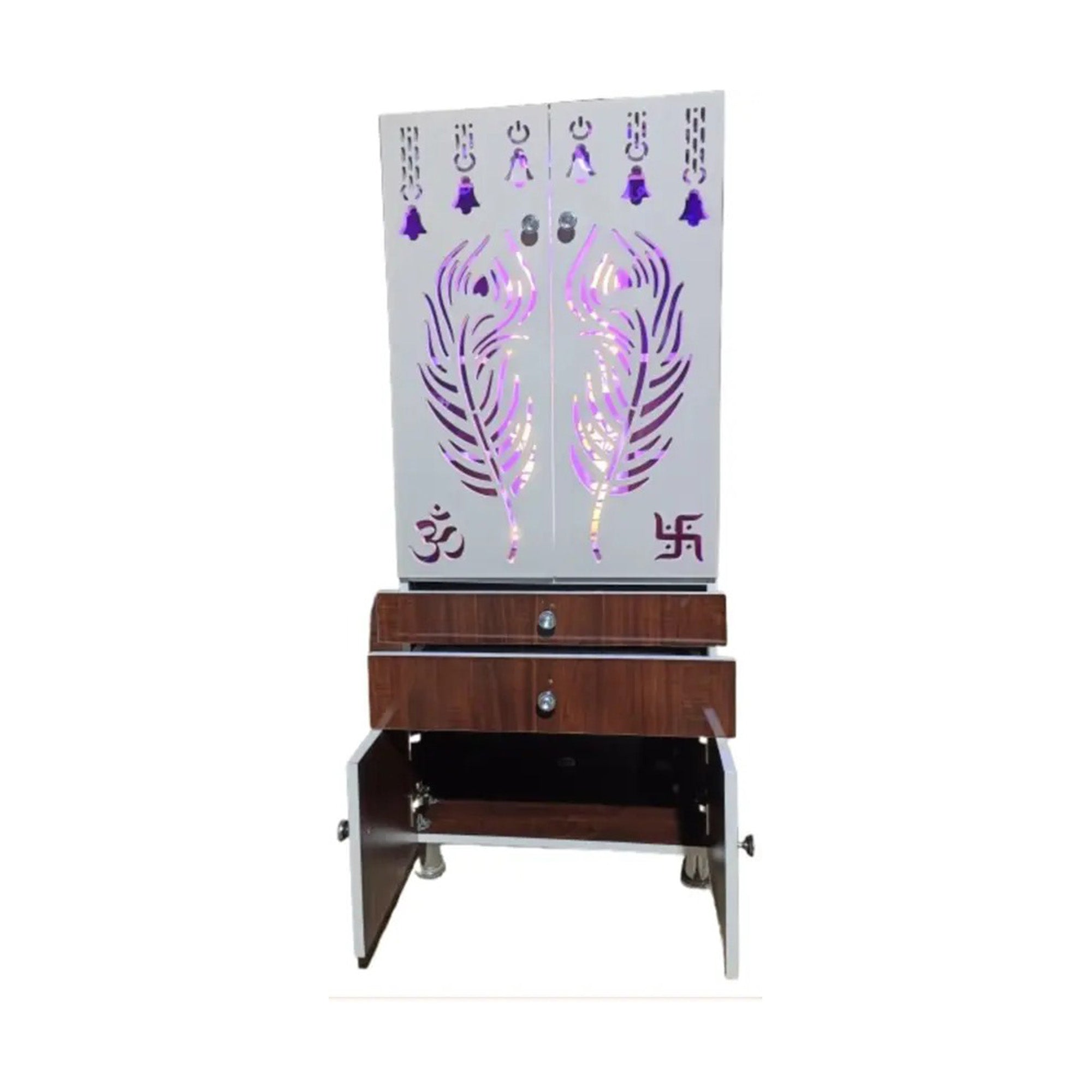 Contemporary Brown Wooden Temple for Home & Office with LED Swastik OM Panel Drawer & Cabinet Storage