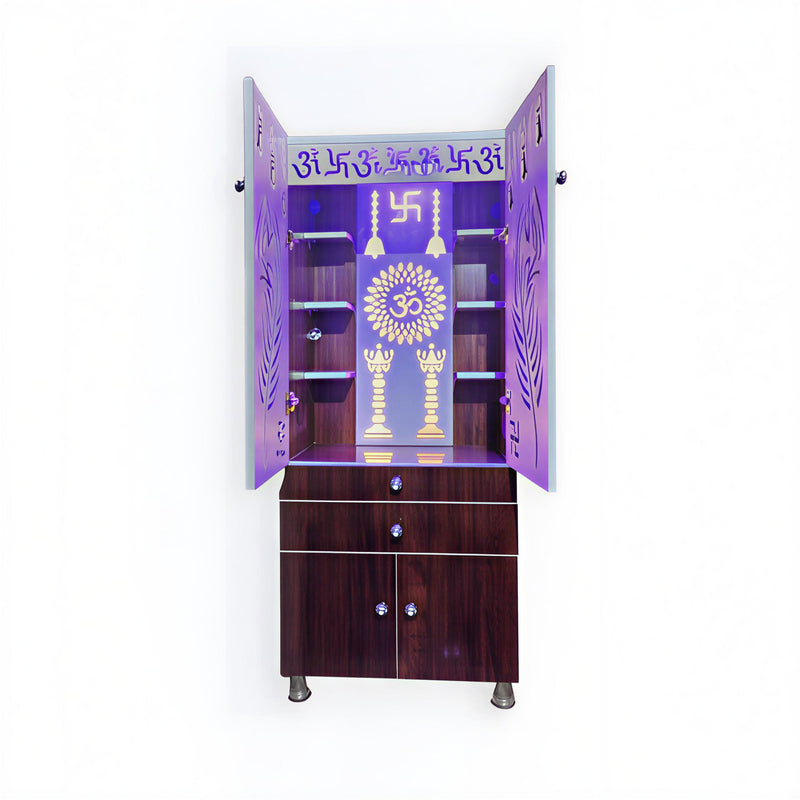 Contemporary Brown Wooden Temple for Home & Office with LED Swastik OM Panel Drawer & Cabinet Storage