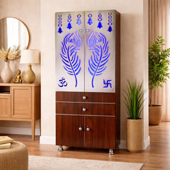 Contemporary Brown Wooden Temple for Home & Office with LED Swastik OM Panel Drawer & Cabinet Storage