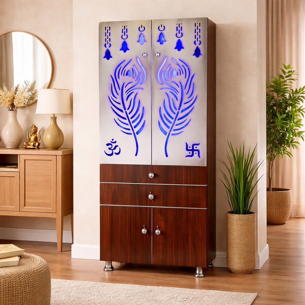 Contemporary Brown Wooden Temple for Home & Office with LED Swastik OM Panel Drawer & Cabinet Storage