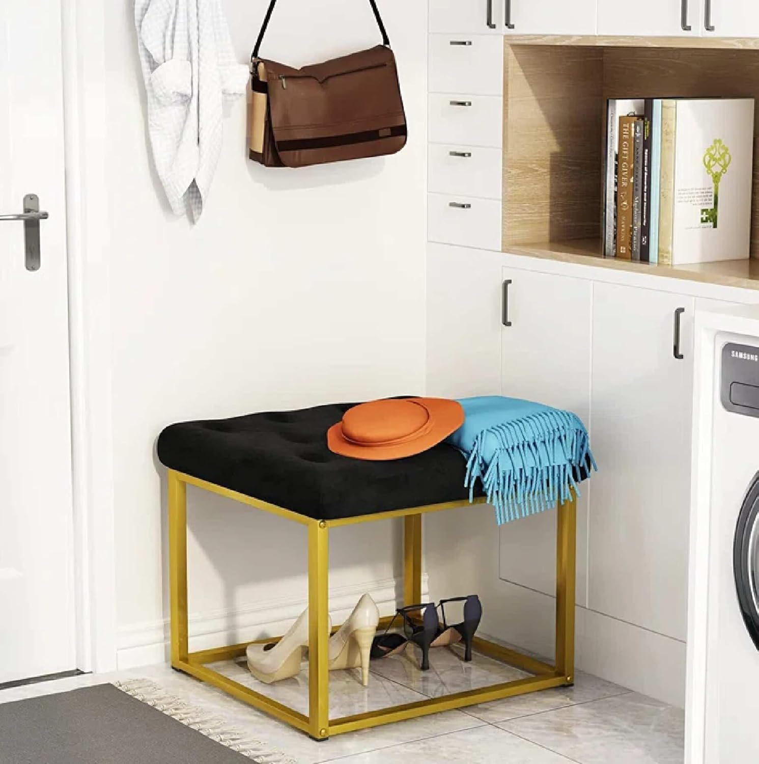 Contemporary Classic Black Velvet Ottoman Seat with Metal Frame Design