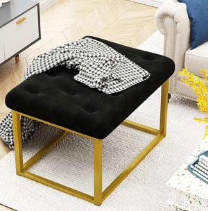 Contemporary Classic Black Velvet Ottoman Seat with Metal Frame Design