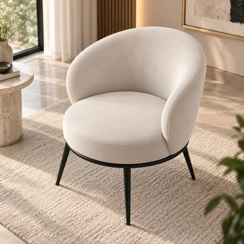 Contemporary Cream Accent Chair with Rounded Back & Black Legs