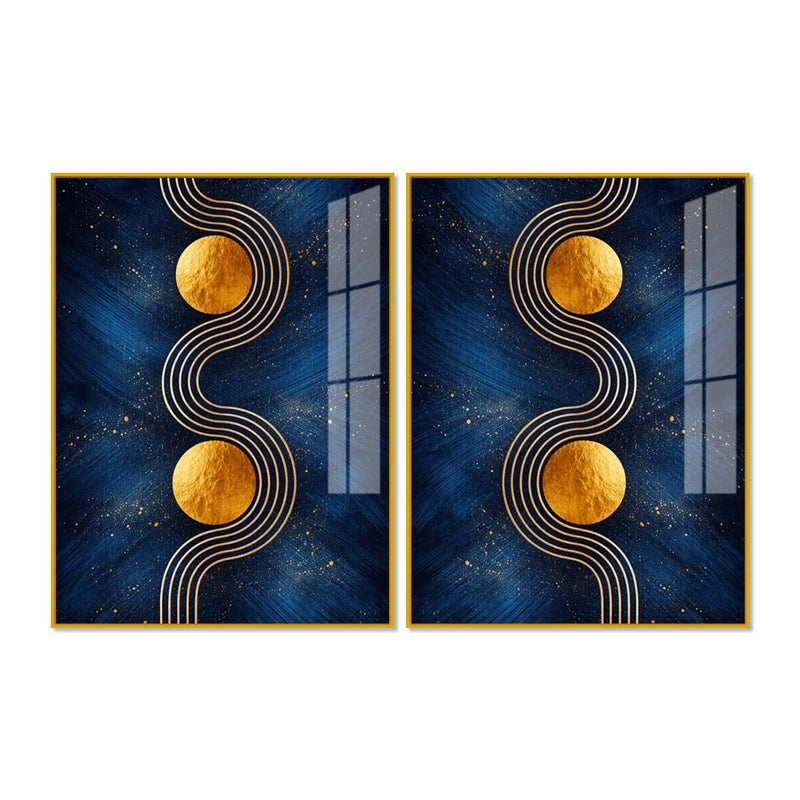 Contemporary Gold Sphere and Flow Line Acrylic Floating Wall Painting Set of 2