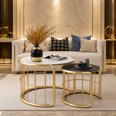 Contemporary Golden Color Marble Top Round Coffee Table Set