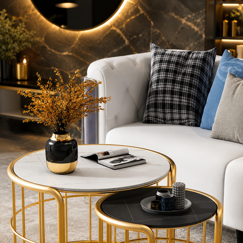 Contemporary Golden Color Marble Top Round Coffee Table Set