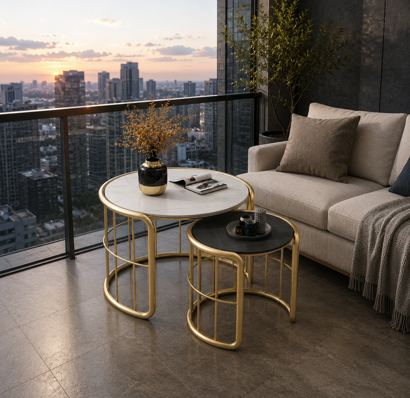 Contemporary Golden Color Marble Top Round Coffee Table Set