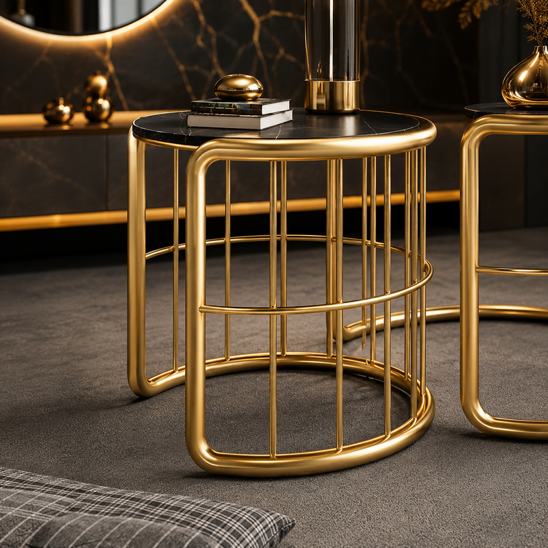 Contemporary Golden Color Marble Top Round Coffee Table Set