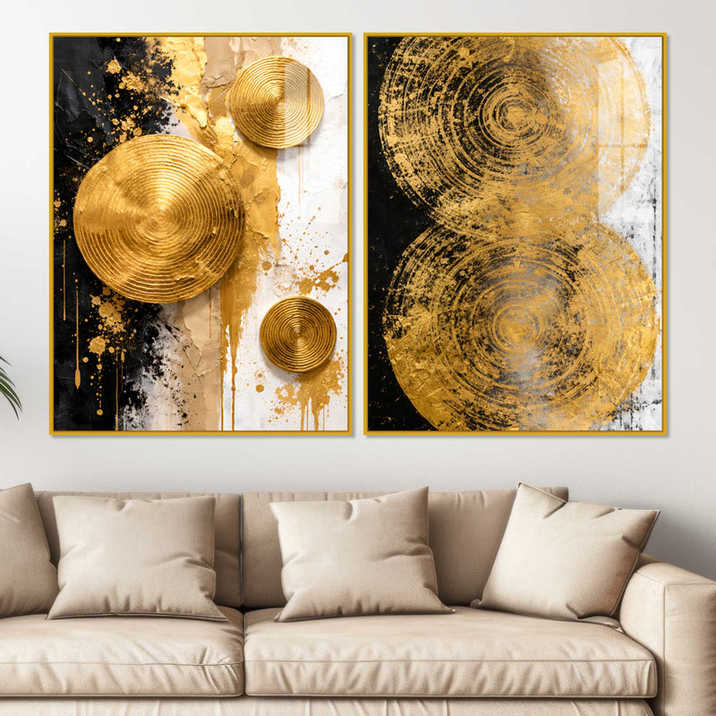Contemporary Golden Sphere Abstract Acrylic Floating Wall Painting Set of 2