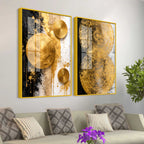 Contemporary Golden Sphere Abstract Acrylic Floating Wall Painting Set of 2