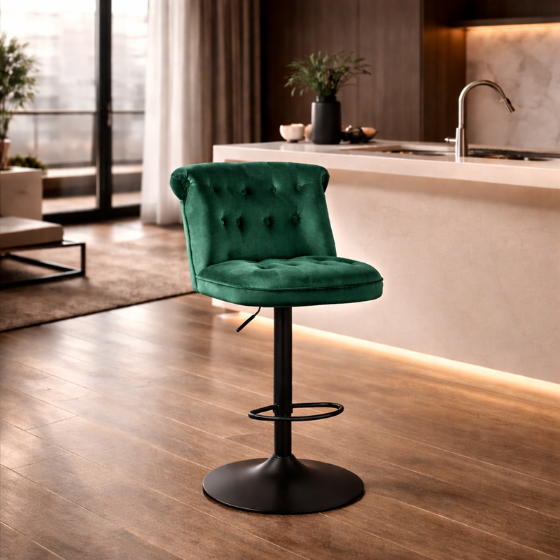 contemporary-green-velvet-bar-stools-with-matte-black-base