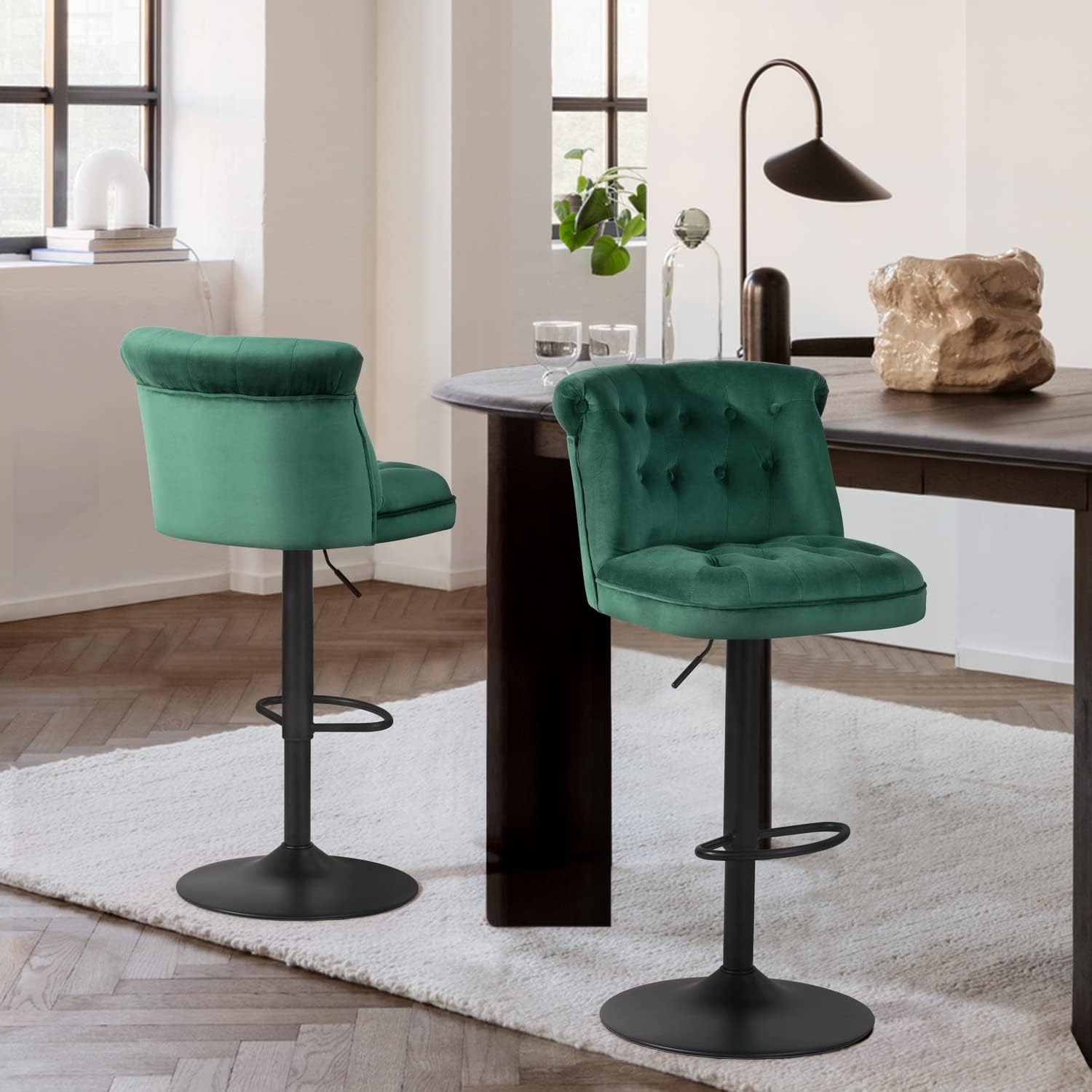 Contemporary Green Velvet Bar Stools with Matte Black Base