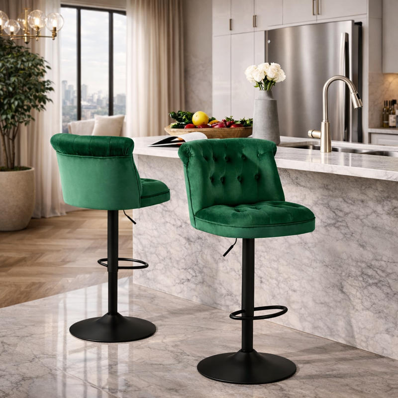 contemporary-green-velvet-bar-stools-with-matte-black-base