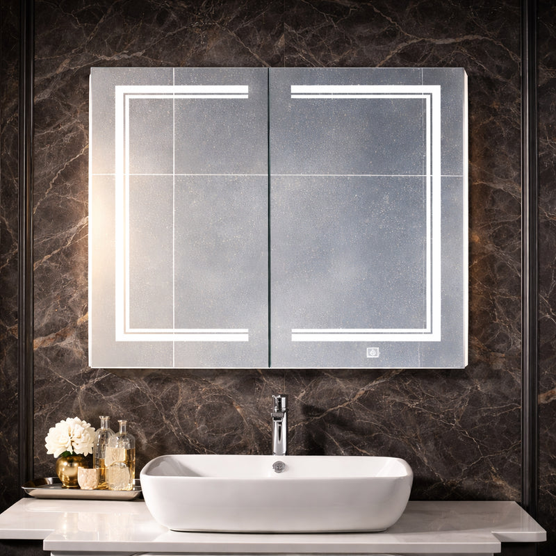 Contemporary LED Mirror Cabinet with Abstract Border Lighting