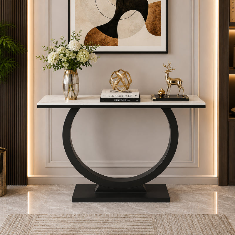Contemporary Marble Console Table with Artistic Black Circle Support