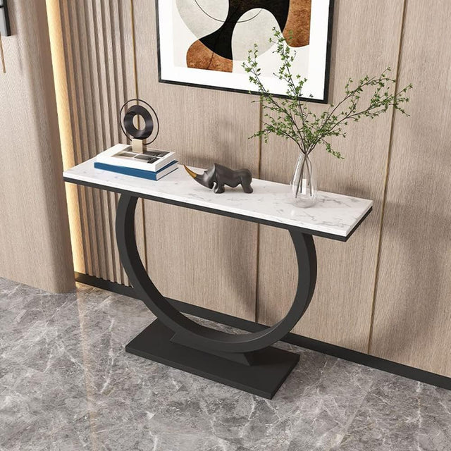 Contemporary Marble Console Table with Artistic Black Circle Support