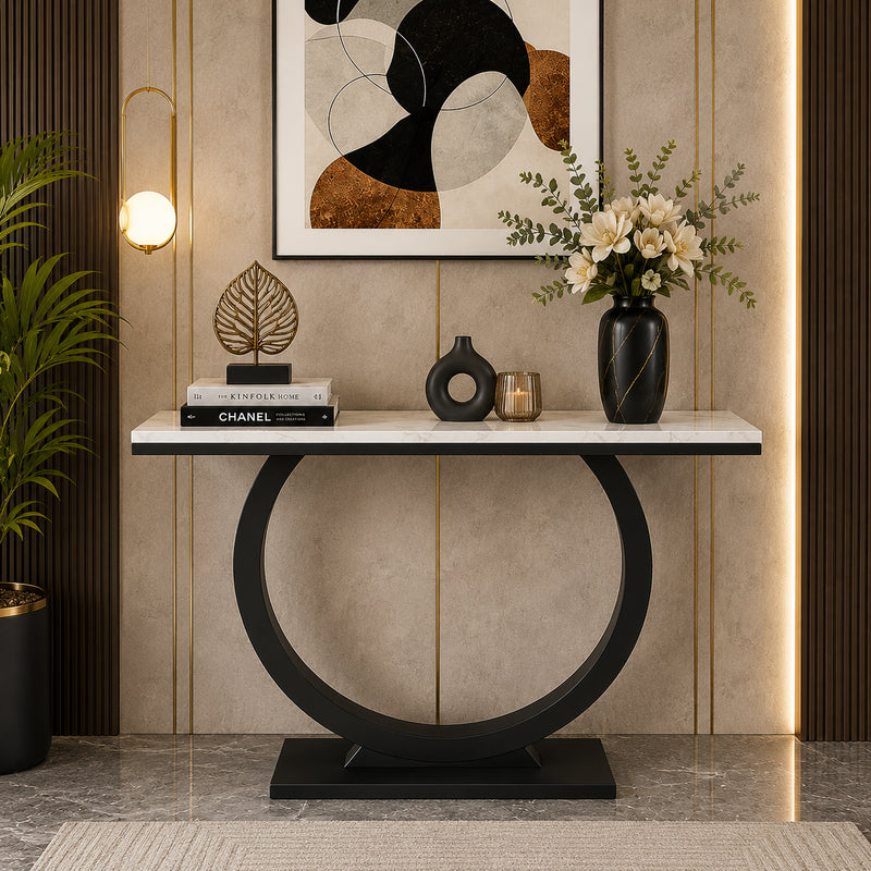 Contemporary Marble Console Table with Artistic Black Circle Support