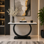 Contemporary Marble Console Table with Artistic Black Circle Support