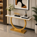 Contemporary Marble Console Table with Artistic Gold Circle Support
