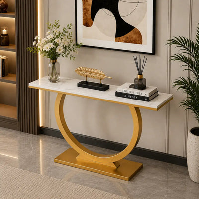 Contemporary Marble Console Table with Artistic Gold Circle Support