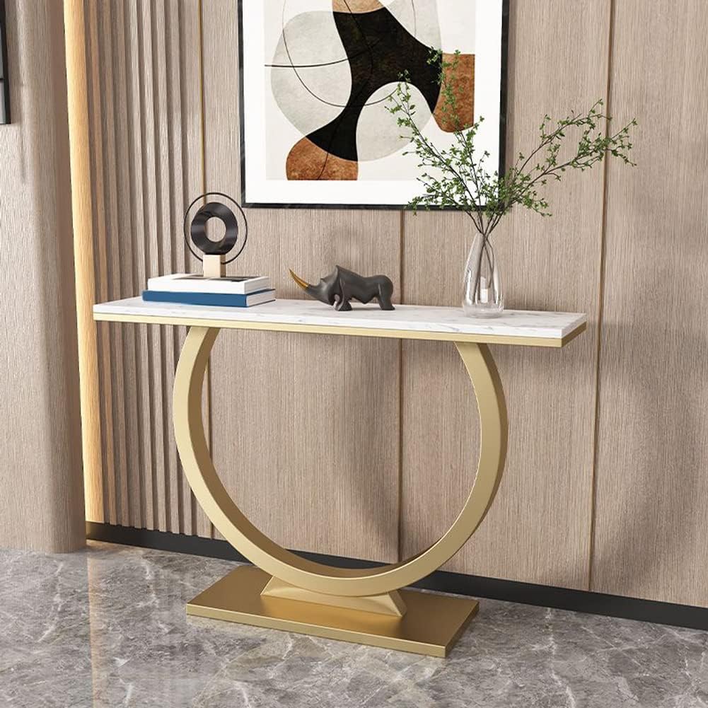 Contemporary Marble Console Table with Artistic Gold Circle Support