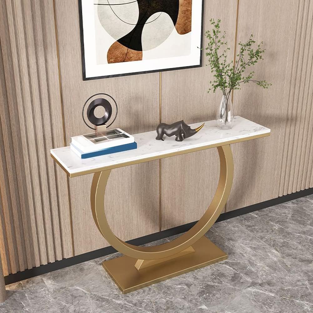 Contemporary Marble Console Table with Artistic Gold Circle Support